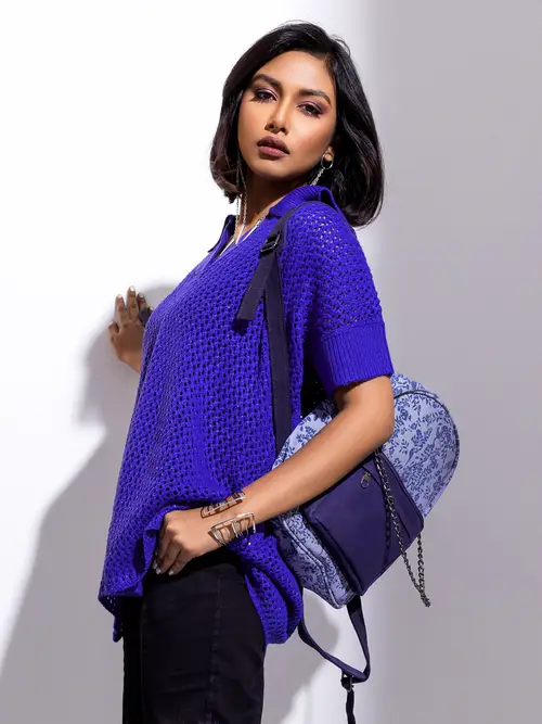 Blue Knitted Acrylic Fabric Taaga Top image 1