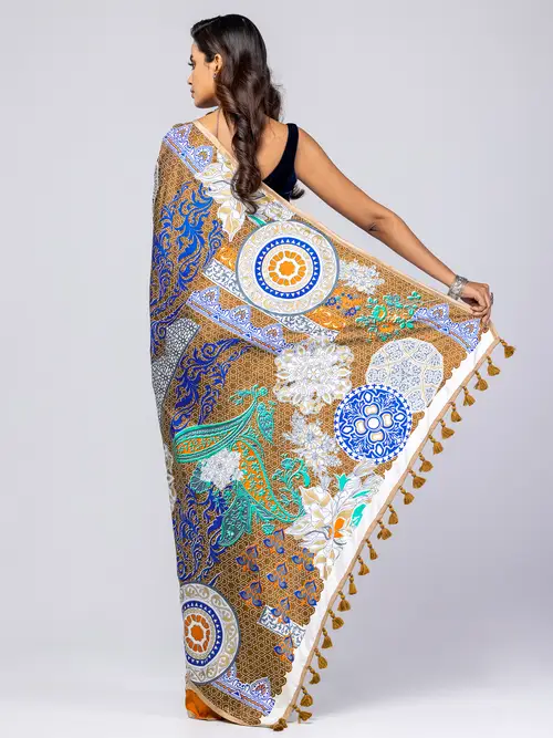 White Brush Painted and Printed Silk Saree image 1