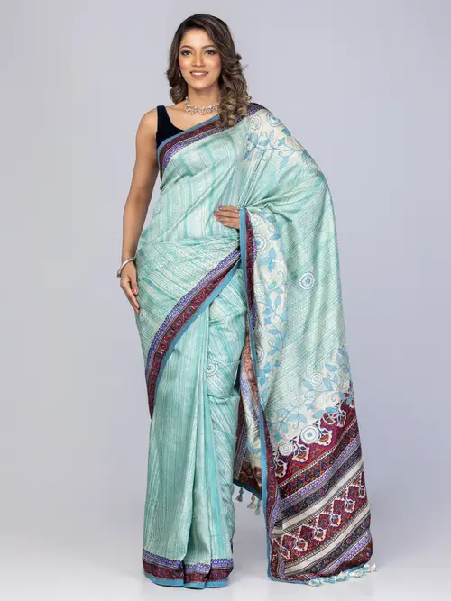 Pastel Green Brush Painted and Nakshi Kantha Embroidered Silk Saree