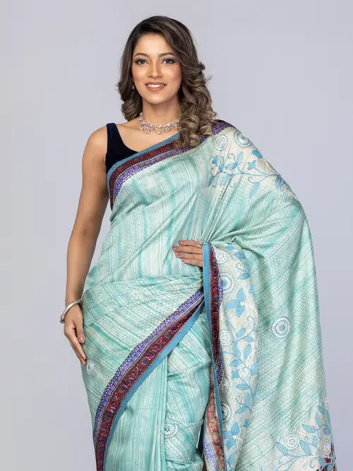 Pastel Green Brush Painted and Nakshi Kantha Embroidered Silk Saree image 1
