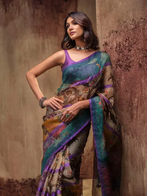 Teal Green Brush Painted and Embroidered Muslin HERSTORY Saree image 1