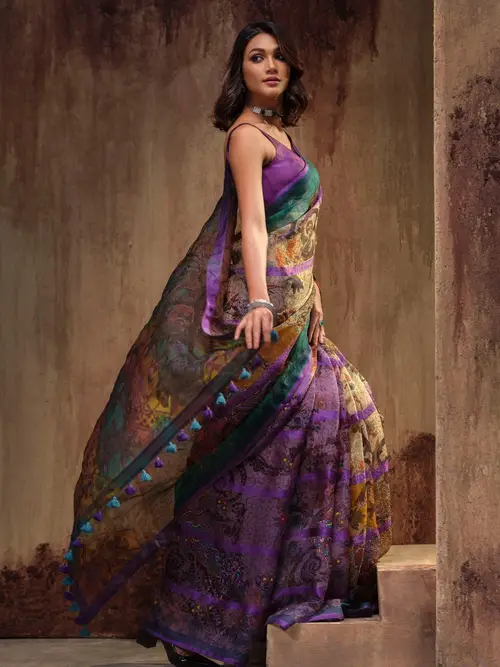 Teal Green Brush Painted and Embroidered Muslin HERSTORY Saree image 2