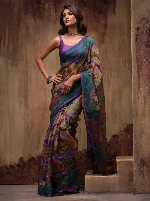 Teal Green Brush Painted and Embroidered Muslin HERSTORY Saree image 3