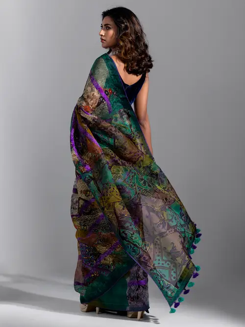 Teal Green Brush Painted and Embroidered Muslin HERSTORY Saree image 4