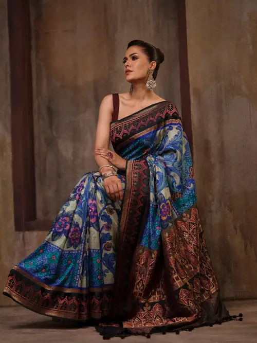 Pastel Green/Black Brush Painted and Embroidered Katan HERSTORY Saree