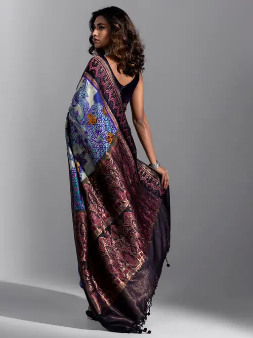 Pastel Green/Black Brush Painted and Embroidered Katan HERSTORY Saree image 1