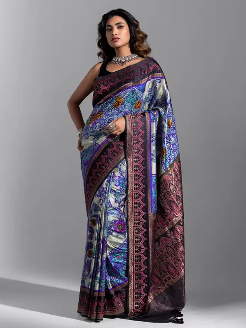 Pastel Green/Black Brush Painted and Embroidered Katan HERSTORY Saree image 2