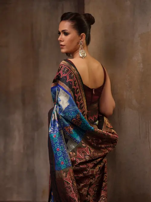 Pastel Green/Black Brush Painted and Embroidered Katan HERSTORY Saree image 4
