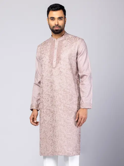 Mauve Printed and Aari Embroidered Cotton Panjabi