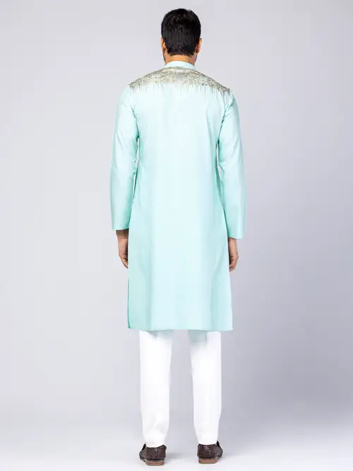 Light Cyan Printed and Embroidered Viscose Slim Fit Panjabi image 1