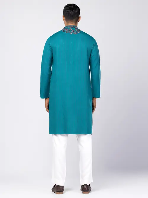 Turquoise Striped and Erri Embroidered Viscose-Cotton Slim Fit Panjabi image 1