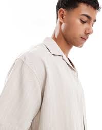Jack & Jones embroidered linen mix shirt in stone image 1