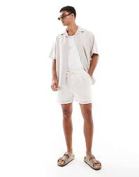 Jack & Jones embroidered linen mix shirt in stone image 2