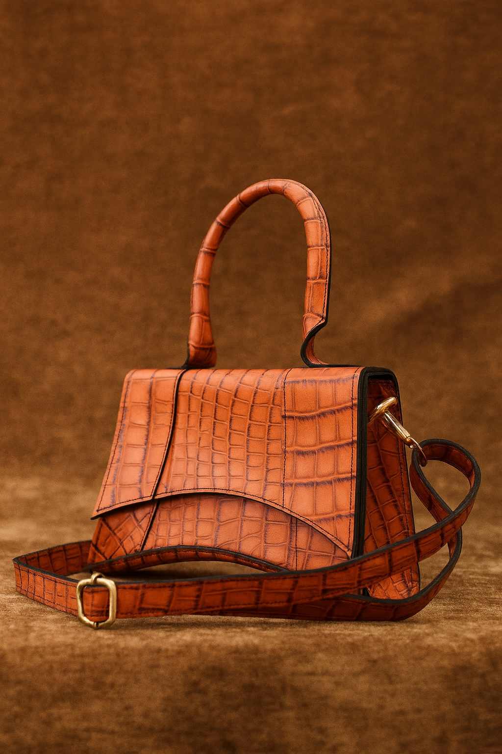 AmberCroc Grace Brown Textured Leather Handbag